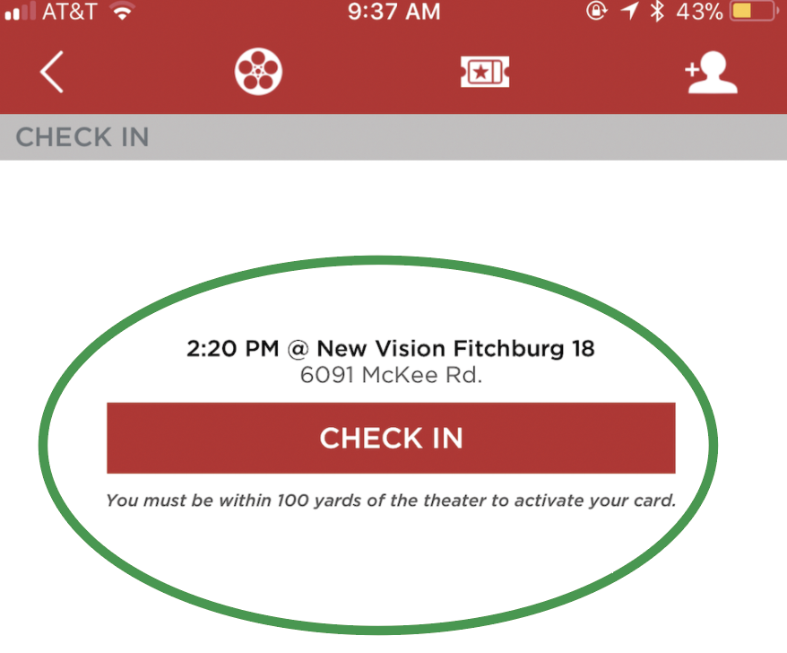 MoviePass Step 3: Check into the movie you are going to see before you swipe your card to pay for the movie